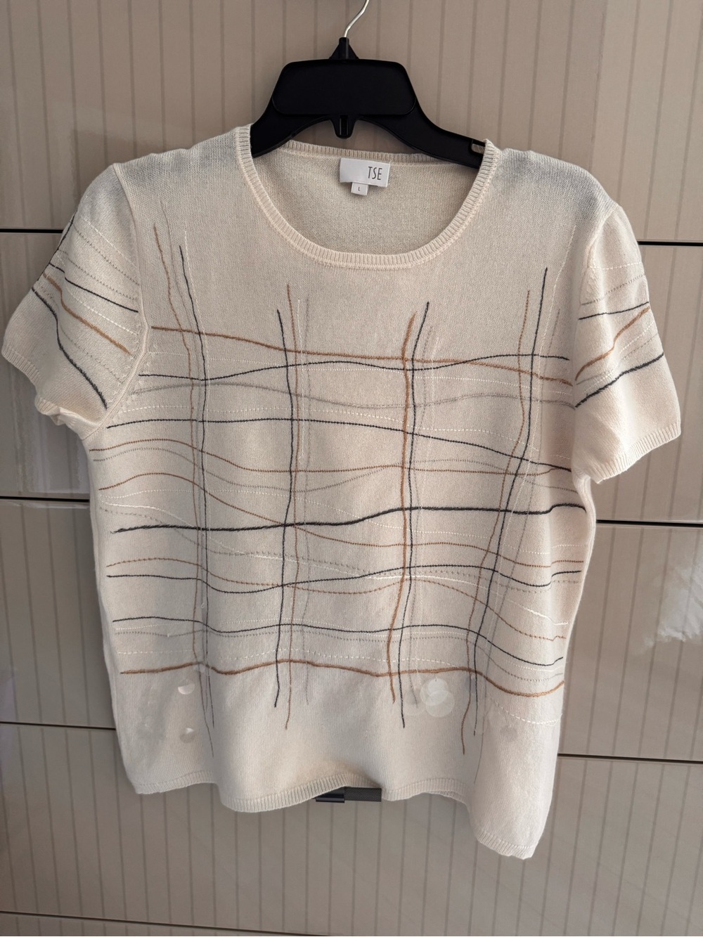 TSE Cream Short-Sleeve Sweater with Striped Grid Stitching